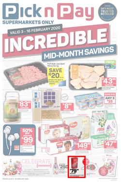 Pick n Pay Gauteng, Free State, North West, Mpumalanga, Limpopo and Northern Cape : Incredible Mid-Month Savings (3 Feb - 16 Feb 2020), page 1