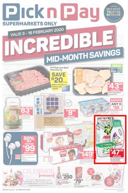 Pick n Pay Gauteng, Free State, North West, Mpumalanga, Limpopo and Northern Cape : Incredible Mid-Month Savings (3 Feb - 16 Feb 2020), page 1