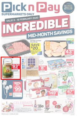 Pick n Pay Gauteng, Free State, North West, Mpumalanga, Limpopo and Northern Cape : Incredible Mid-Month Savings (3 Feb - 16 Feb 2020), page 1