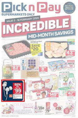 Pick n Pay Gauteng, Free State, North West, Mpumalanga, Limpopo and Northern Cape : Incredible Mid-Month Savings (3 Feb - 16 Feb 2020), page 1