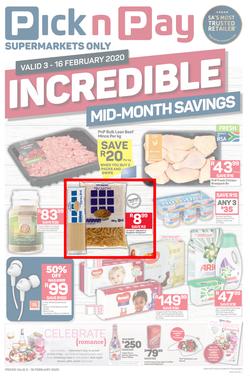 Pick n Pay Gauteng, Free State, North West, Mpumalanga, Limpopo and Northern Cape : Incredible Mid-Month Savings (3 Feb - 16 Feb 2020), page 1