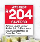 Amstell Larger, Lite Or Radlet-24X330ml Non Returnable Bottle Or Canes Per Case