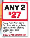 Coca-ColaZero, Light Tab, Fanta Orange Zero, Sprite Zero Or Stoney Ginger Beer Zero-Any 2 x 2.5Ltr