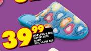 Ladies Pink & Blue Slippers With Hearts Sizes 3-8 Per Pair