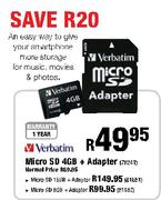 Verbatim Micro SD 4GB + Adaptor