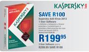 Kaspersky Anti-Virus 2013 1 User Software-Each