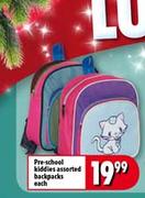 Pre School Kiddies Assorted Backpacks-Each