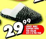 Ladies' Mule Slippers With Fur Collar Size 3-8-Per Pair