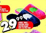 Ladies' Mule Slippers With Glitter Heart Size 3-8-Per Pair