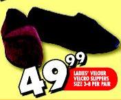 Ladies' Velour Velcro Slippers Size 3-8-Per Pair