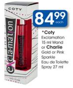 Coty Exclamation/Wand Or Charlie Gold Or Pink Sparkle Eau De Toilette Spray-15ml/27ml Each