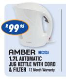 Amber Automatic Jug Kettle With Cord & Filter- 1.7L 