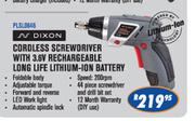 Dixon Cordless Screwdriver With 3.6V Rechargeable Long Life Lithium-ION Battery