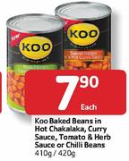 Koo Baked Beans In Hot Chakalaka,Curry Sauce,Tamato & Herb Sauce Or Chilli Beans-410/420g 