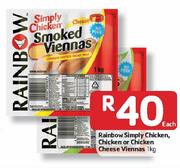 Rainbow Simply Chicken, Chicken Or Chicken Cheese Viennas - 1kg Each 