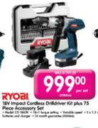 Ryobi Impact Cordless Drill Driver Kit+75 Piece Accesory Set