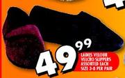 Ladies Velour Velcro Slippers Assorted Each Size 3-8-Per Pair