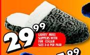 Ladies' Mule Slippers With Fur Collar Size 3-8-Per Pair