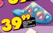 Ladies Pink & Blue Slippers With Hearts-Sizes (3-8) Per Pair