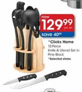 Clicks Home Knife & Utensil Set In Pine Block-12 Piece