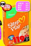 Pampers Sleep & Play Nappies-Junior 58's,Maxi 68's,Midi 78's,Mini 88's Per Pack