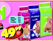 DryNaps Disposable Nappies Small-46's/ Medium-36's/ Large-30's/ X-Large-28's-Per Pack