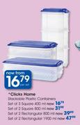 Clicks Home Stackable Plastic Containers Set Of 2 Square-800ml Per Set