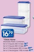 Clicks Home Stackable Plastic Containers Set Of 3 Square-400ml Per Set