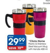 Clicks Home Plastic & Stainless Steel Vacuum Mug With Handle-400ml Each