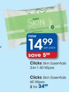 Clicks Skin Essentials 3-In-1 40 Wipes-Per Pack 