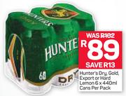 Hunter's Dry, Gold, Export Or Hard Lemon Cans 6X440ml-Per Pack