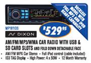 Dixon AM/FM/MP3/WMA Car Radio With USB & SD Card Slots And Fold Down Detachable Face