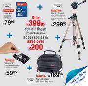 Sandisk 4GB Memory Card + Hama Tripod + 3 Piece 3" Screen Protector + Bridge Syscase 110 Black Bag
