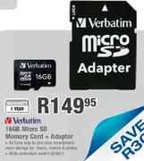 Verbatim 16GB Micro SD Memory Card+ Adaptor