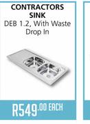 Contractors Sink DEB 1.2, With Waste Drop In - Each