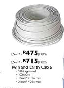 Twin and Earth Cable 1.5mmSq 100m Coil-15A Max