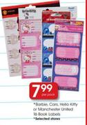 Barbie, Cars, Hello Kitty or Manchester United 16 Book Labels-per pack