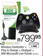 XBOX 360 Wireless Controller + Play & Charge + Chatpad + 800 Microsoft Live Points 