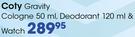 Coty Gravity Cologne-50ml, Deodorant-120ml & Watch