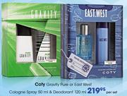 Coty Gravity Pure Or East West Cologne Spray-50ml & Deodorant-120ml Per Set