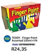 Teddy-Finger paint Assorted 100ml(KVTEDKFIP50)-4PK Each