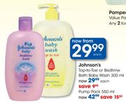 Johnson's Top-To-Toe Or Bedtime Bath Pump Pack-550ml Each