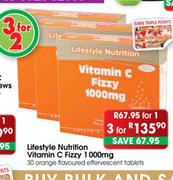 Lifestyle Nutrition Vitamin C Fizzy 1000mg Orange Flavoured Effervescent Tablets-30's
