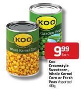 Koo Creamstyle Sweet Corn, Whole Kernel Corn Or Fresh Peas Assorted-410g Each