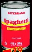 Ritebrand Spaghetti in Tomato Sauce-410gm