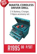 Makia Cordless Driver Drill 2x Battery, Charger,116Pce Accessory Set-Per Set