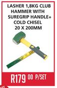 Lasher 1.8kg Club hammer With Suregrip Handle+Cold Chisel(20x200mm)-Per Set