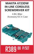 Makita 6723DW In-Line Cordless Screwdriver Kit(4.8V,80Pc) Accessory Kit In Case-Per Set