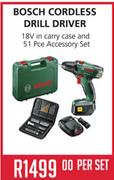 Bosch Cordless Drill Driver 18V In Carry Case And 51 Pce Accessory Set-Per Set