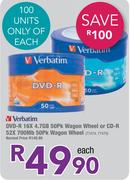 Verbatim DVD-R 16X 4.7GB 50PK Wagon Wheel Or CD-R 52x 700Mb 50PK Wagon Wheel-Each